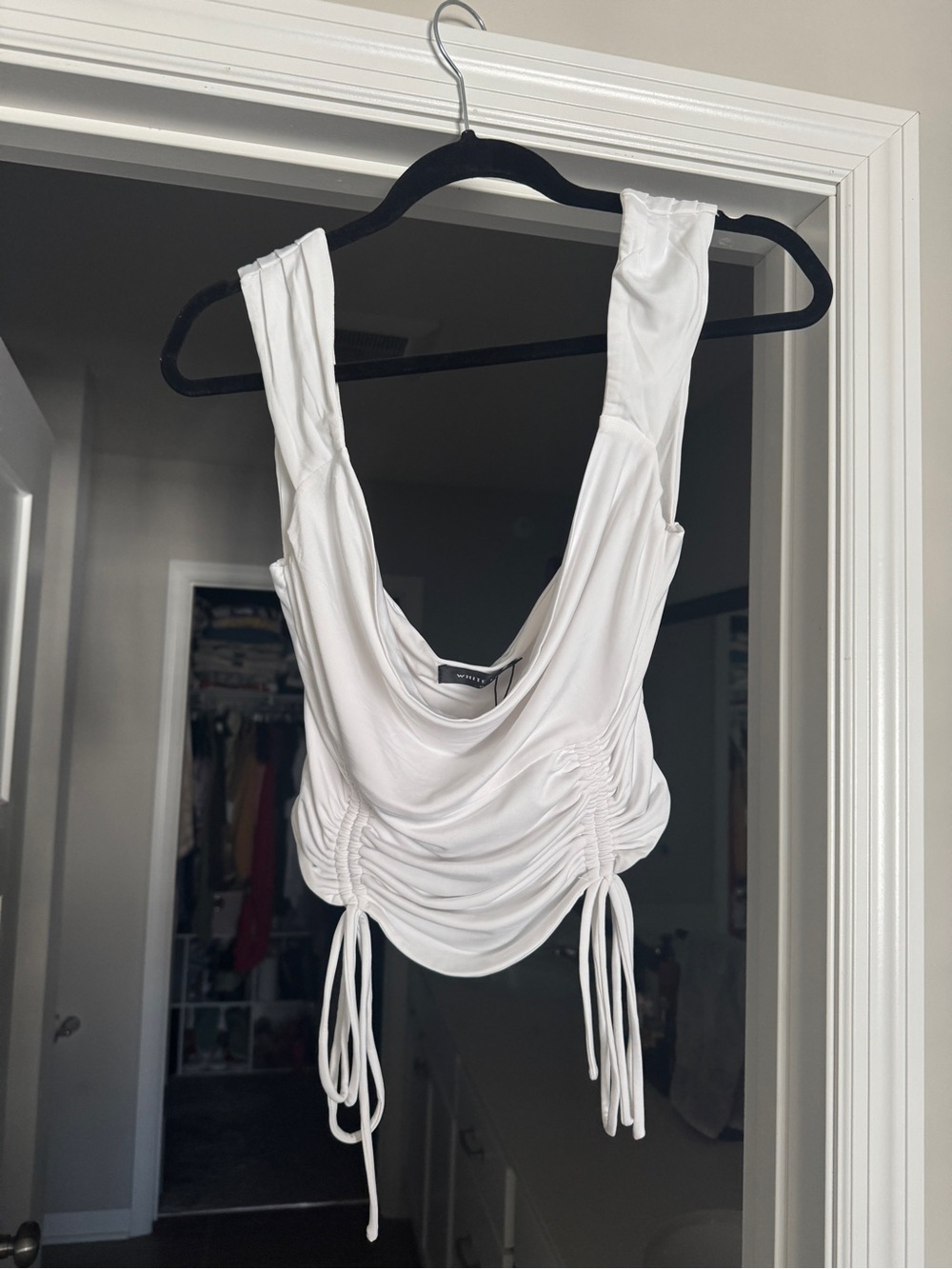 White Fox Boutique White Draped Ruched Drawstring Tank